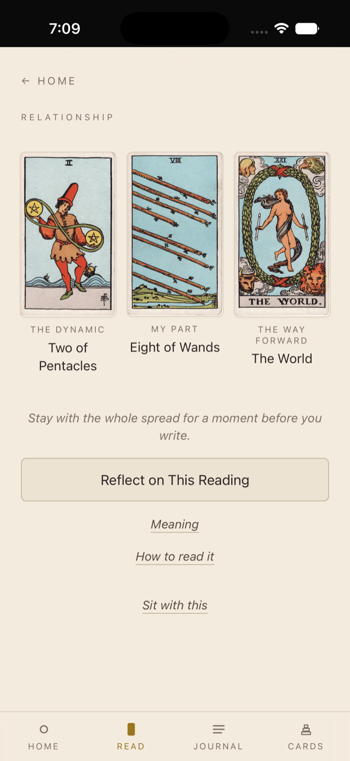 A Relationship spread in Hermit's Way: three Rider–Waite–Smith cards — Two of Pentacles (The Dynamic), Eight of Wands (My Part), and The World (The Way Forward) — above buttons to Reflect on This Reading, view its Meaning or How to read it, and Sit with this.