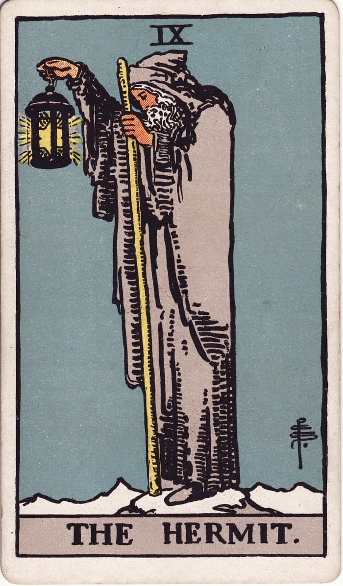 The Hermit, Rider–Waite–Smith: a robed figure on a peak holding a raised, star-lit lantern.